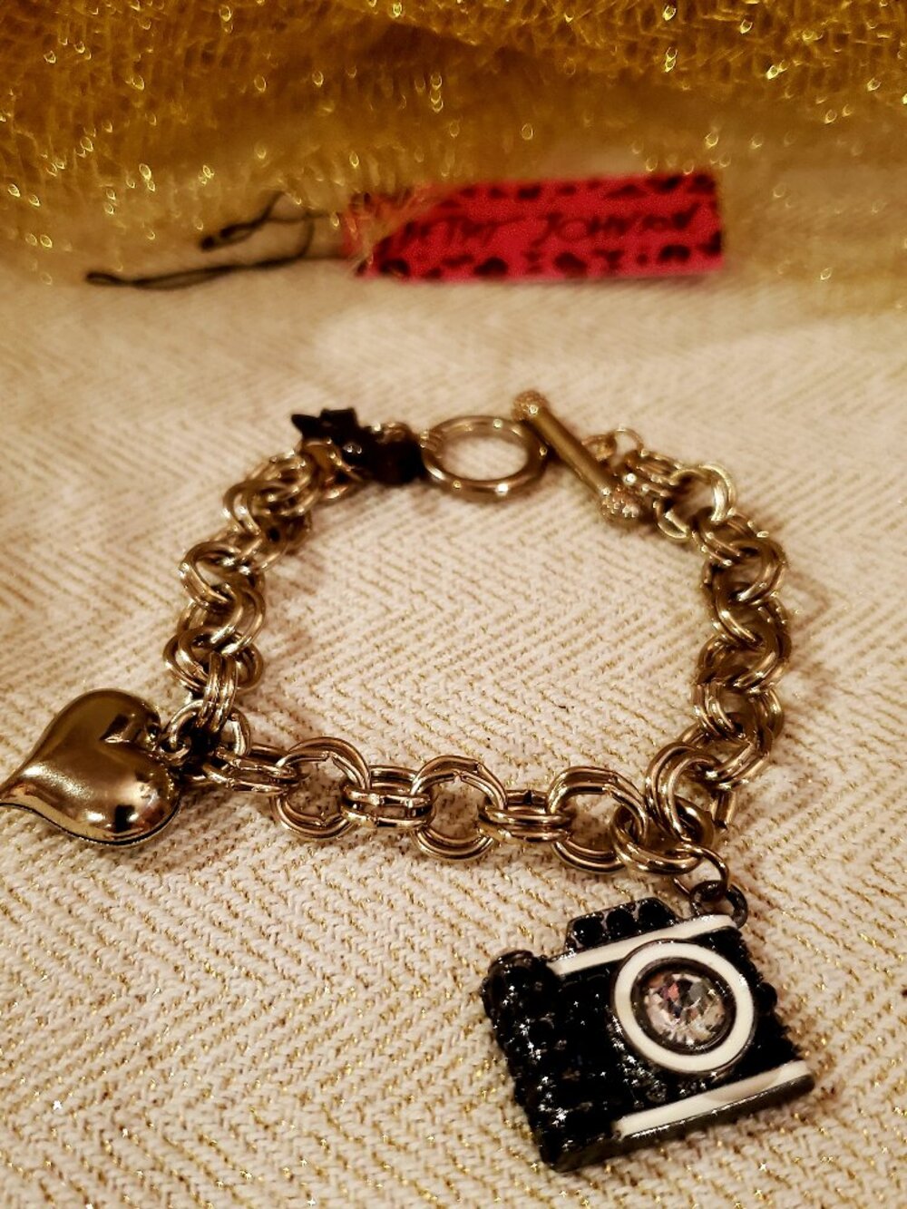 Sparkle with a Playful Spirit ,Betsey Johnson Gold-Tone Camera Charm Bracelet
